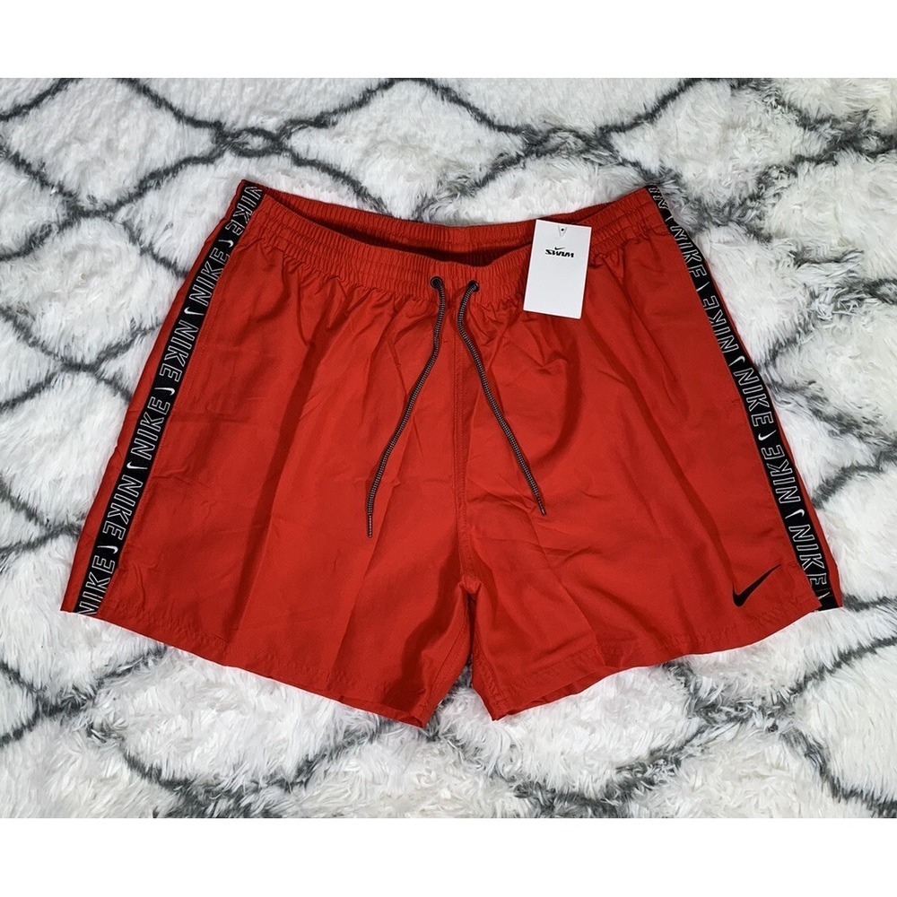 NIKE Swim Swoosh Logo Taped 5" Volley Shorts Trunks Red Men's Size 2XL *NEW* - Picture 2 of 7